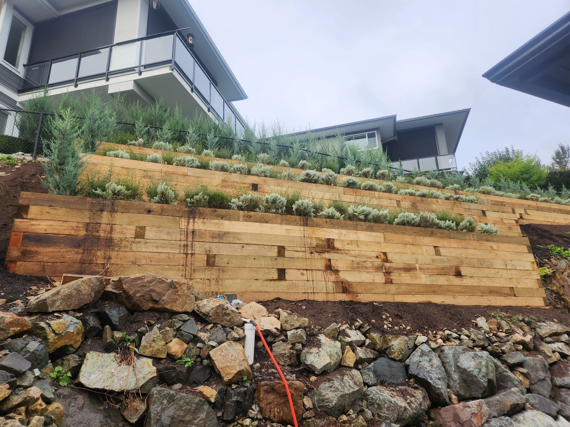 Tiered timber retaining wall with new planting